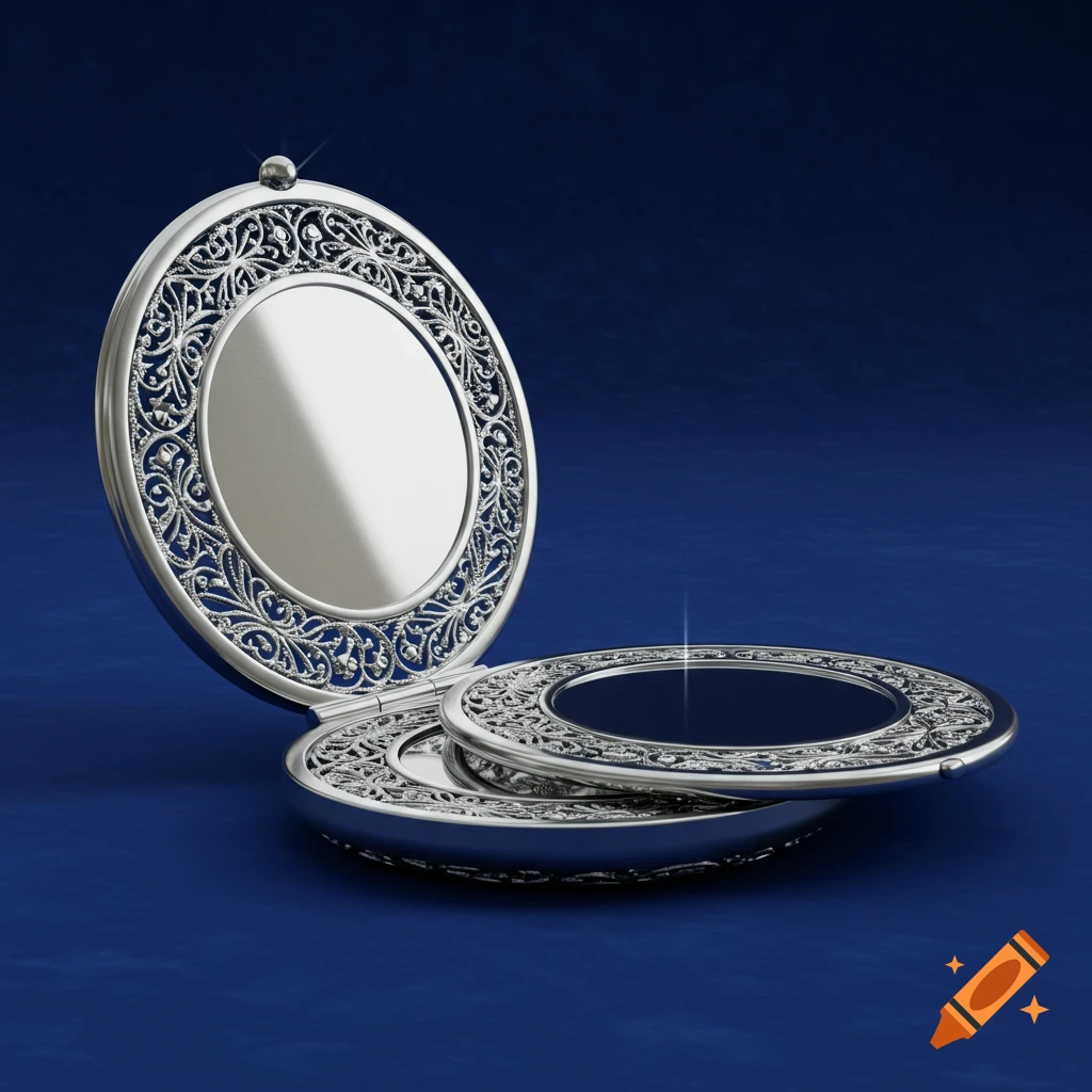 An open, ornate silver pocket mirror with filigree detailing rests on a deep blue surface.
