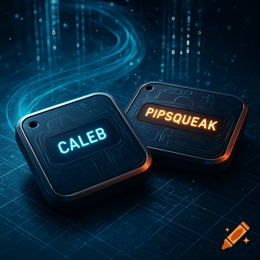 Two dark, rectangular tracking devices, one glowing blue with 'CALEB' and the other orange with 'PIPSQUEAK', on a futuristic blue grid background.