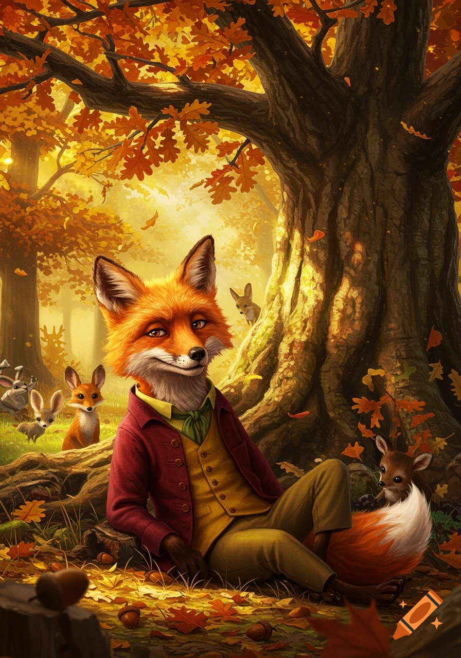 An anthropomorphic fox in a red jacket and yellow vest sits in a vibrant autumn forest surrounded by rabbits and a fawn.
