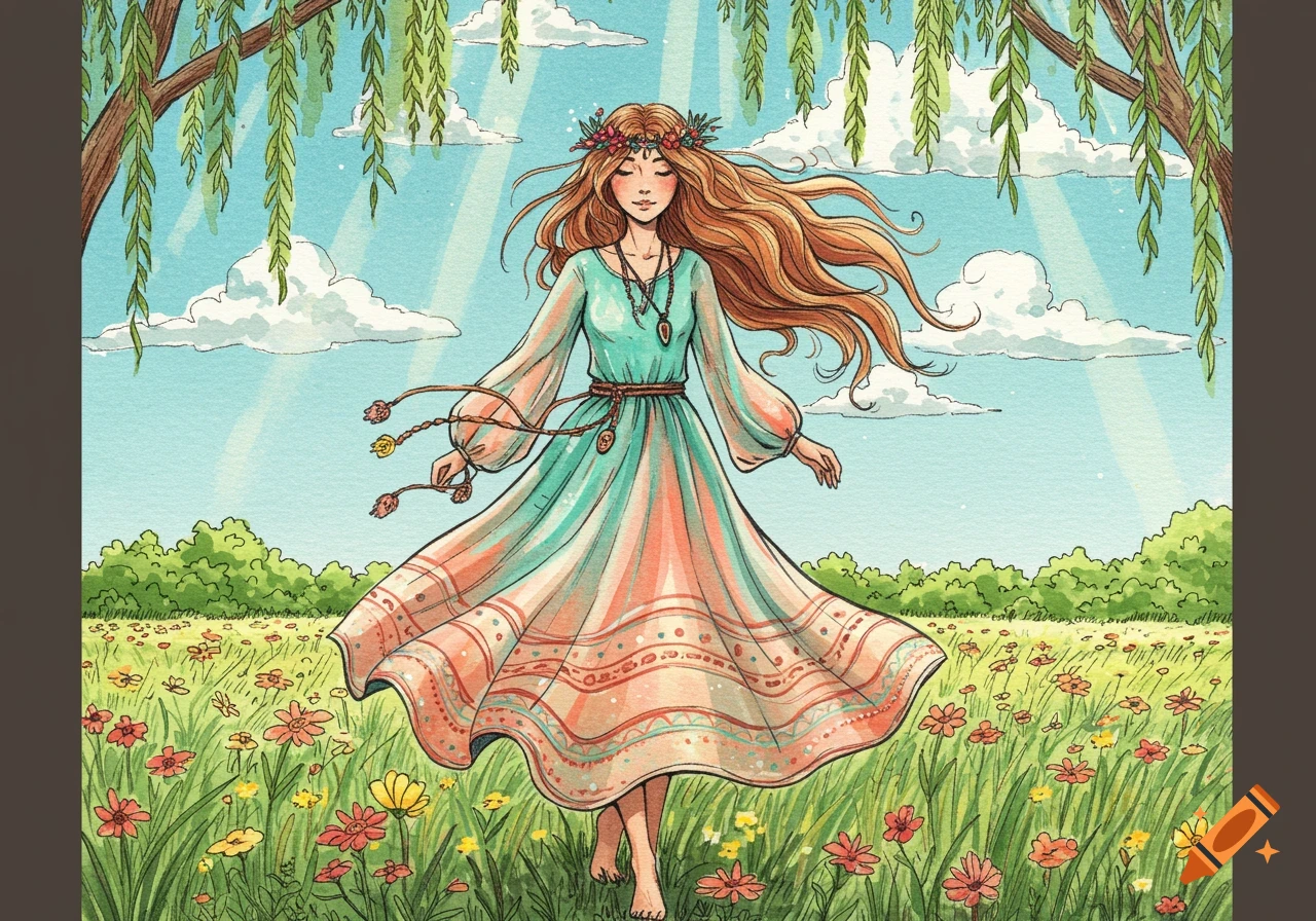 A whimsical pen and wash illustration of a Boho girl with long hair and a flower crown in a flowing dress, standing barefoot in a sunny field.