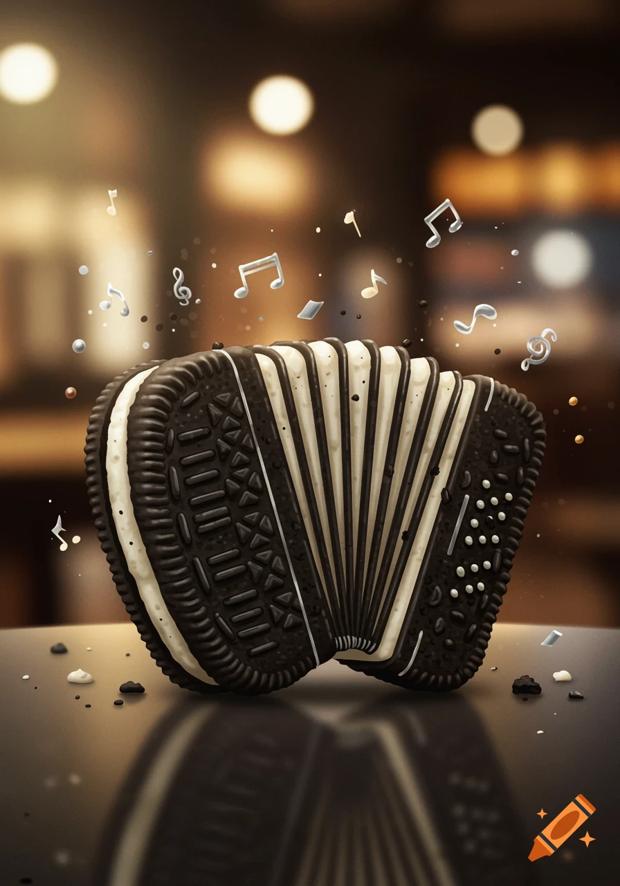 An accordion-shaped Oreo sandwich cookie with musical notes floating around it, on a reflective surface.