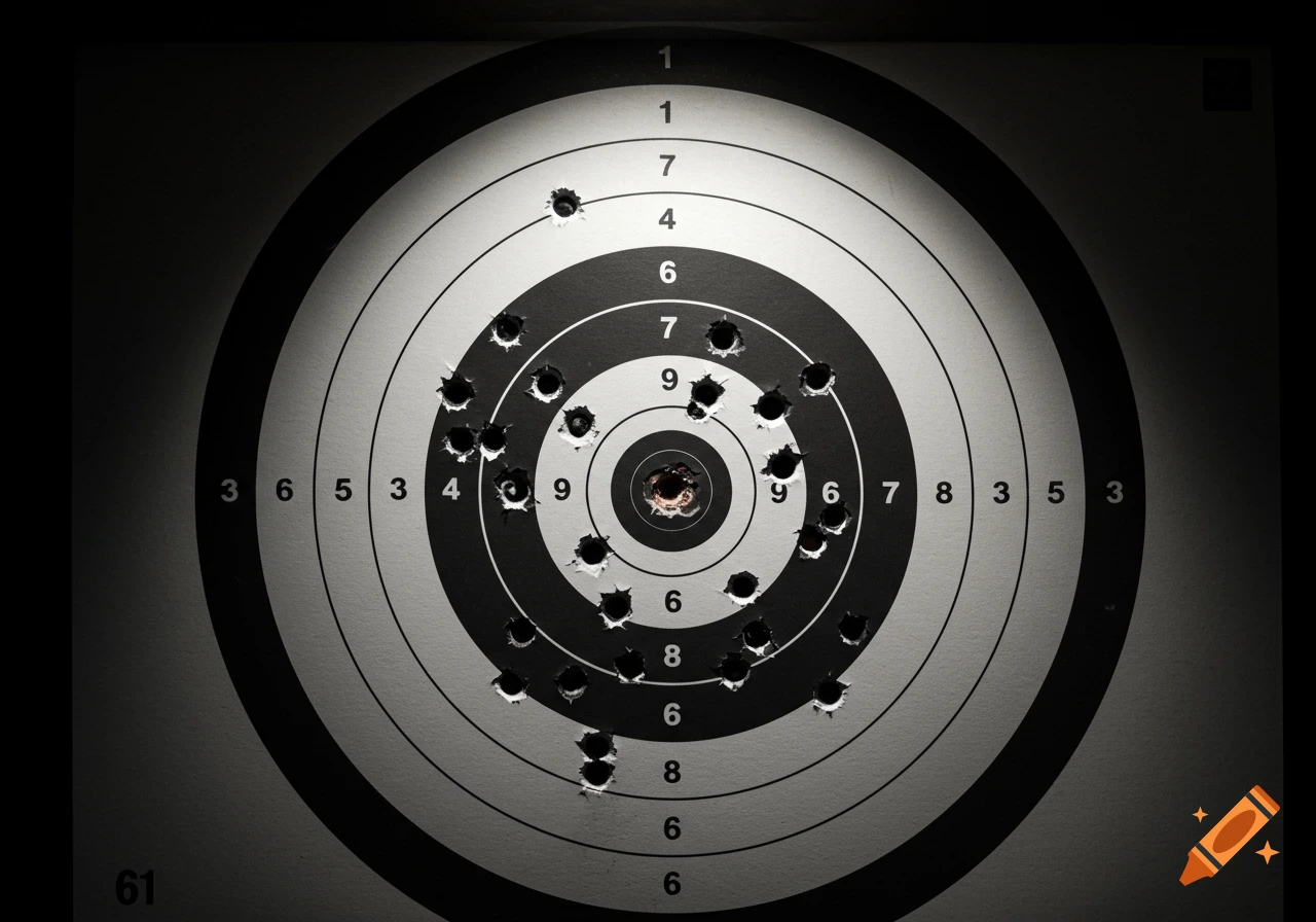 A black and white close-up of a circular shooting target, heavily hit with numerous bullet holes in a photorealistic style.