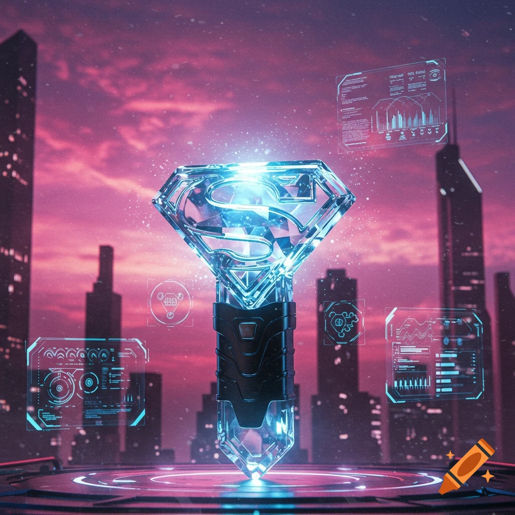 A glowing, crystal-like Superman symbol device stands on a futuristic platform in a city at sunset, with floating holographic data screens.