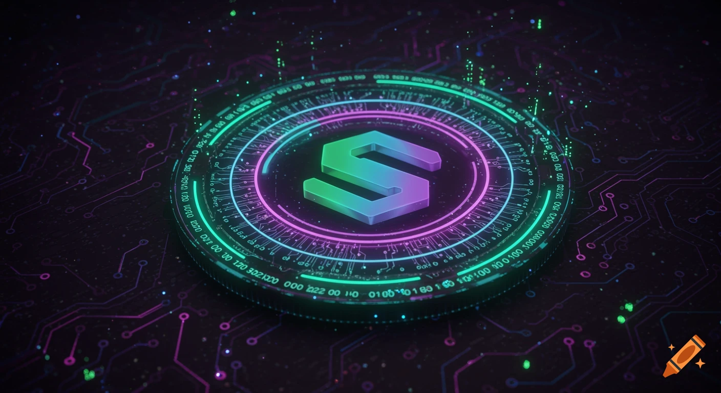 A neon green and purple 3D 'S' logo on a dark circuit board background with glowing digital lines.