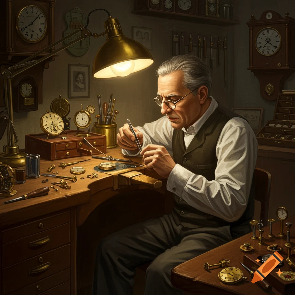 An elderly man in a waistcoat and glasses intently works on a watch at a wooden workbench, surrounded by tools and clocks.