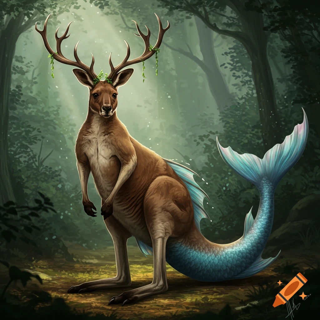 A fantasy creature, part kangaroo, part deer with antlers, and part mermaid with a fish tail, stands in a forest.