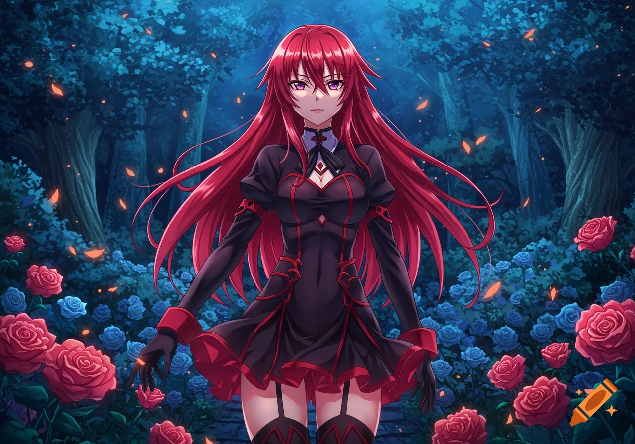 An anime girl with long red hair and purple eyes in a black dress stands in a dark magical forest with red and blue roses.