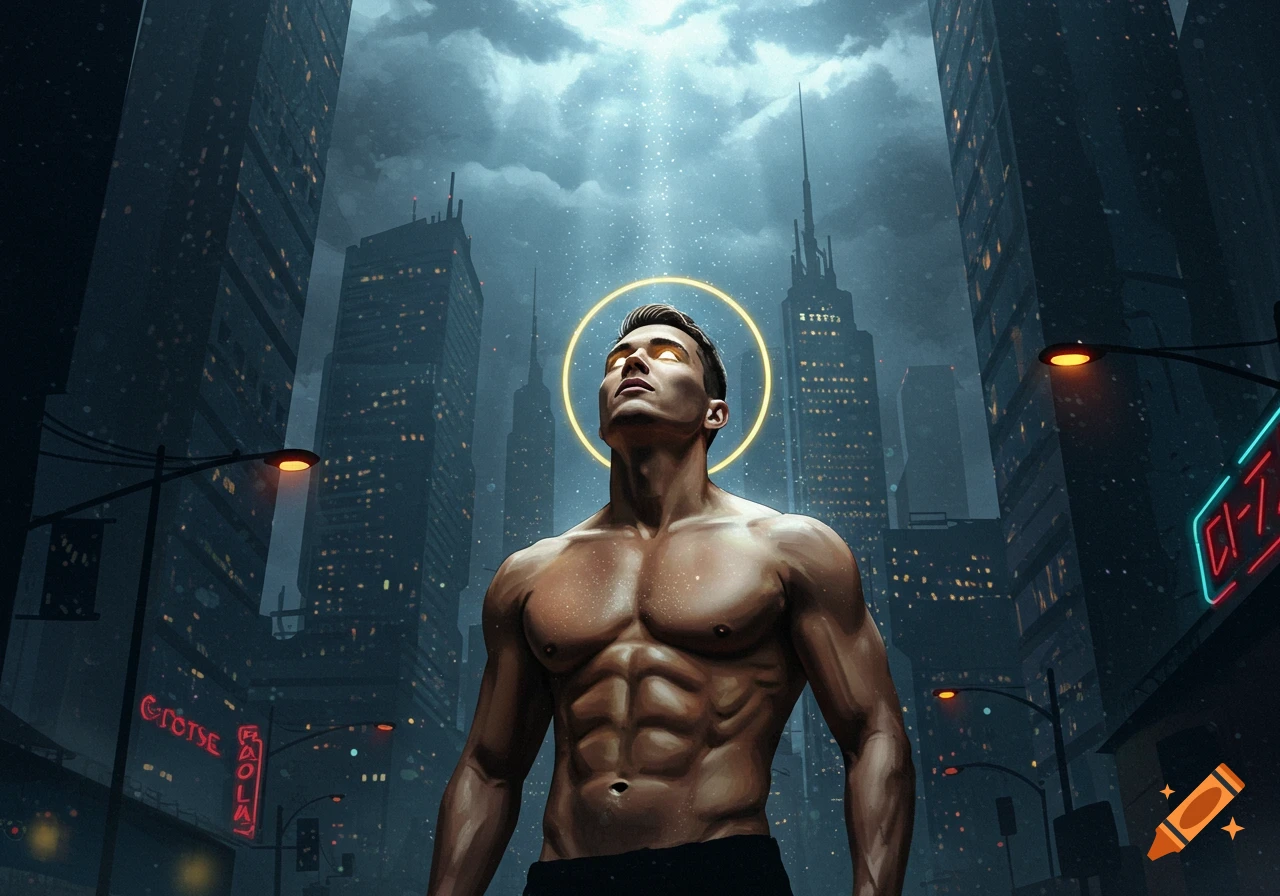 A muscular man with glowing eyes and a halo looks up at the sky in a dark, stylized city with tall buildings.