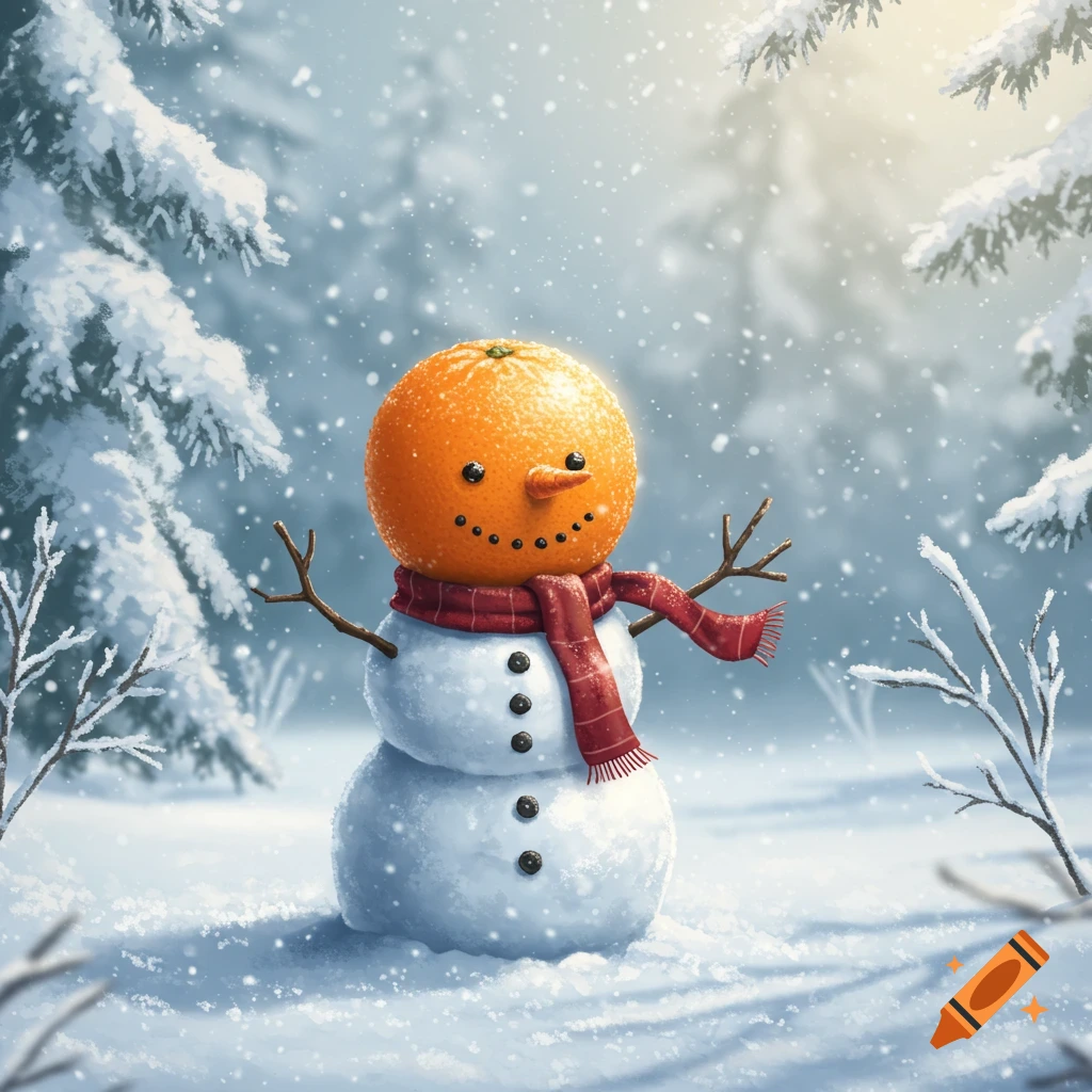A cute snowman with an orange for a head and stick arms, wearing a red scarf, stands in a snowy forest.