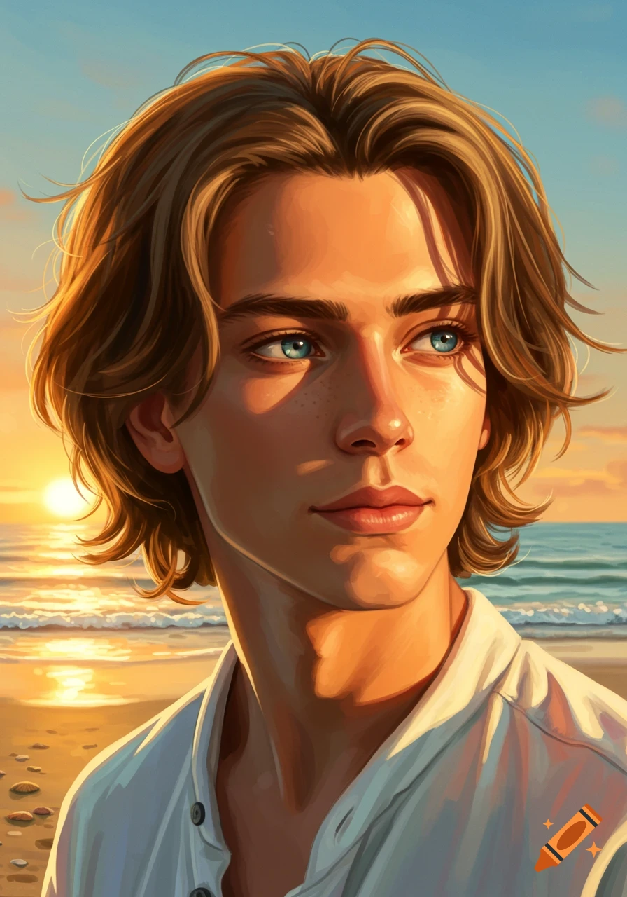A handsome young man with mid-length light brown hair and striking blue eyes stands on a beach at sunset, painted in warm tones.