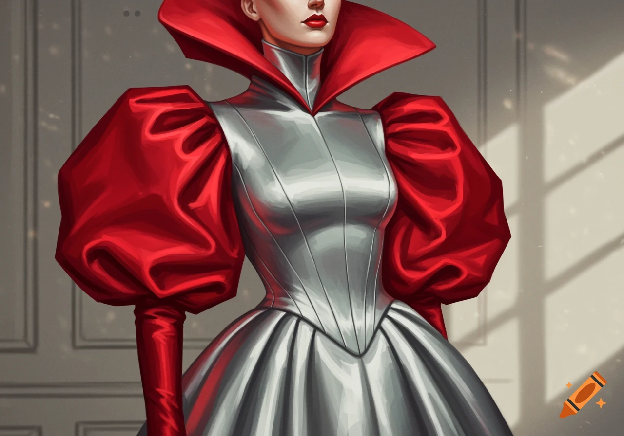 A woman in an elaborate red and silver gown with exaggerated puffed sleeves and a wide red collar.