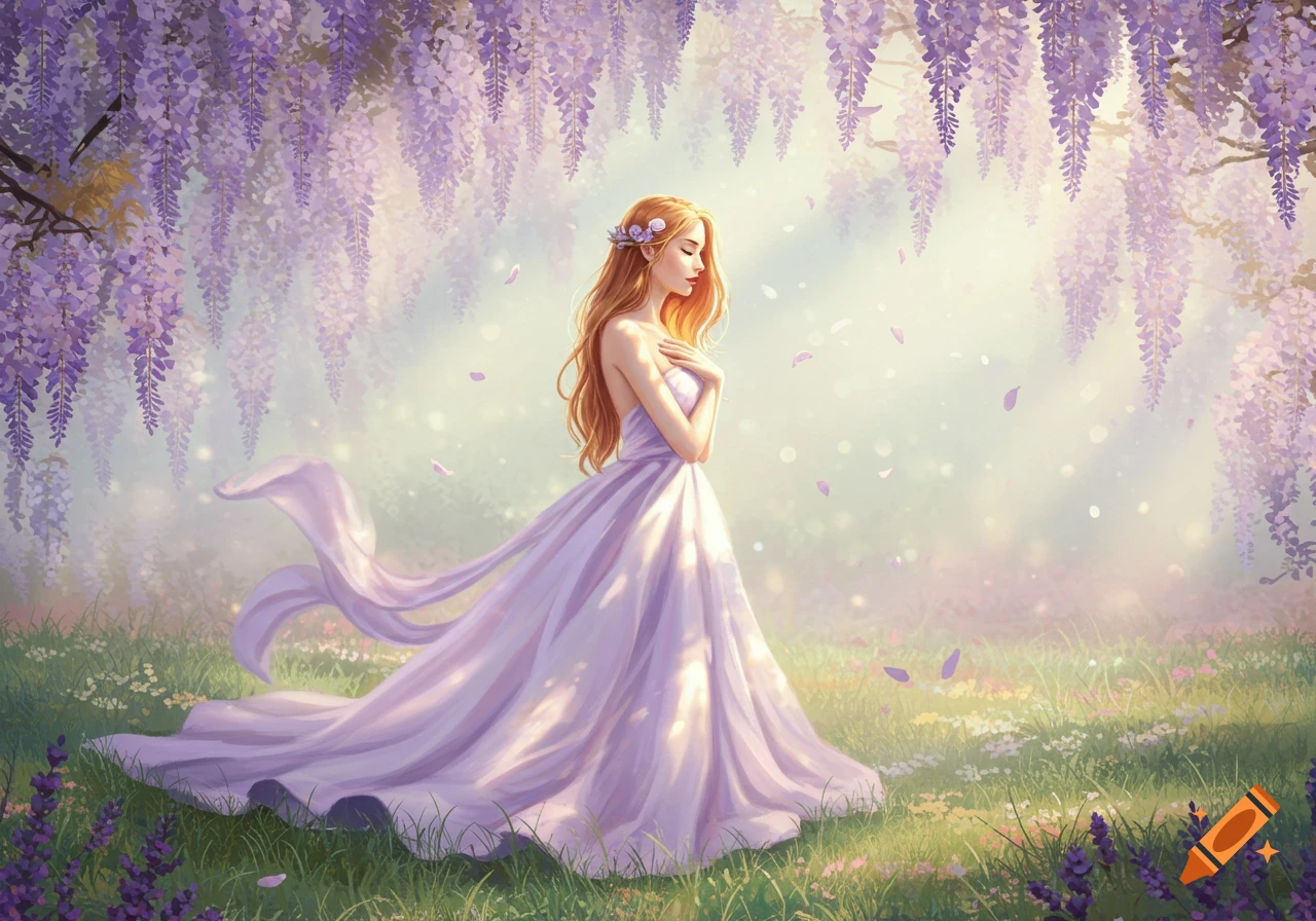 An ethereal woman in a flowing purple dress stands in a sunlit field under blooming wisteria trees, with petals falling.
