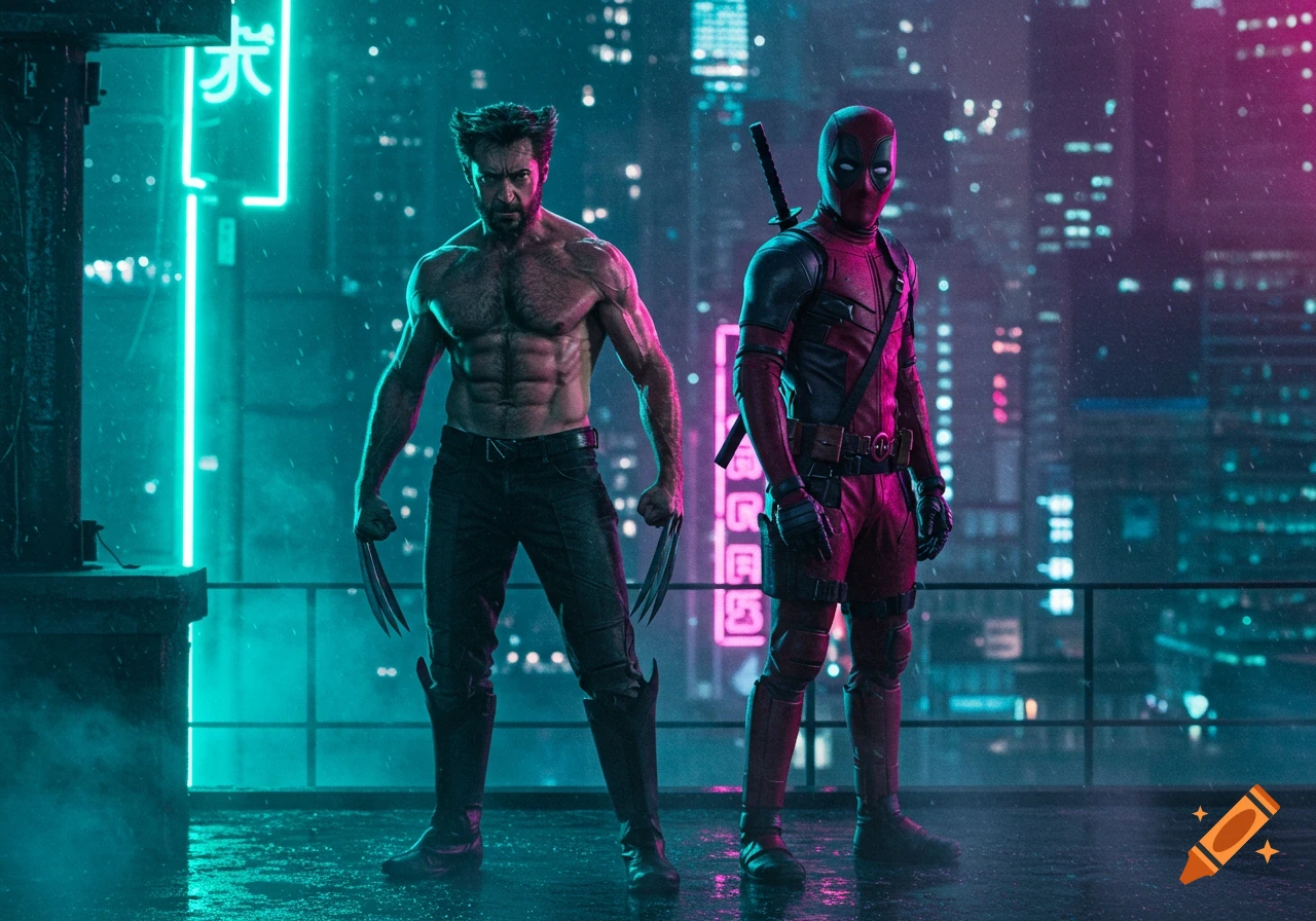 Photorealistic image of Wolverine and Deadpool standing on a rainy, neon-lit cyberpunk city rooftop at night.