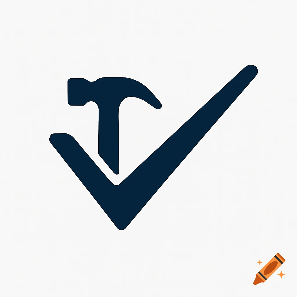 A minimalist dark blue logo icon featuring a checkmark symbol that incorporates a hammer.