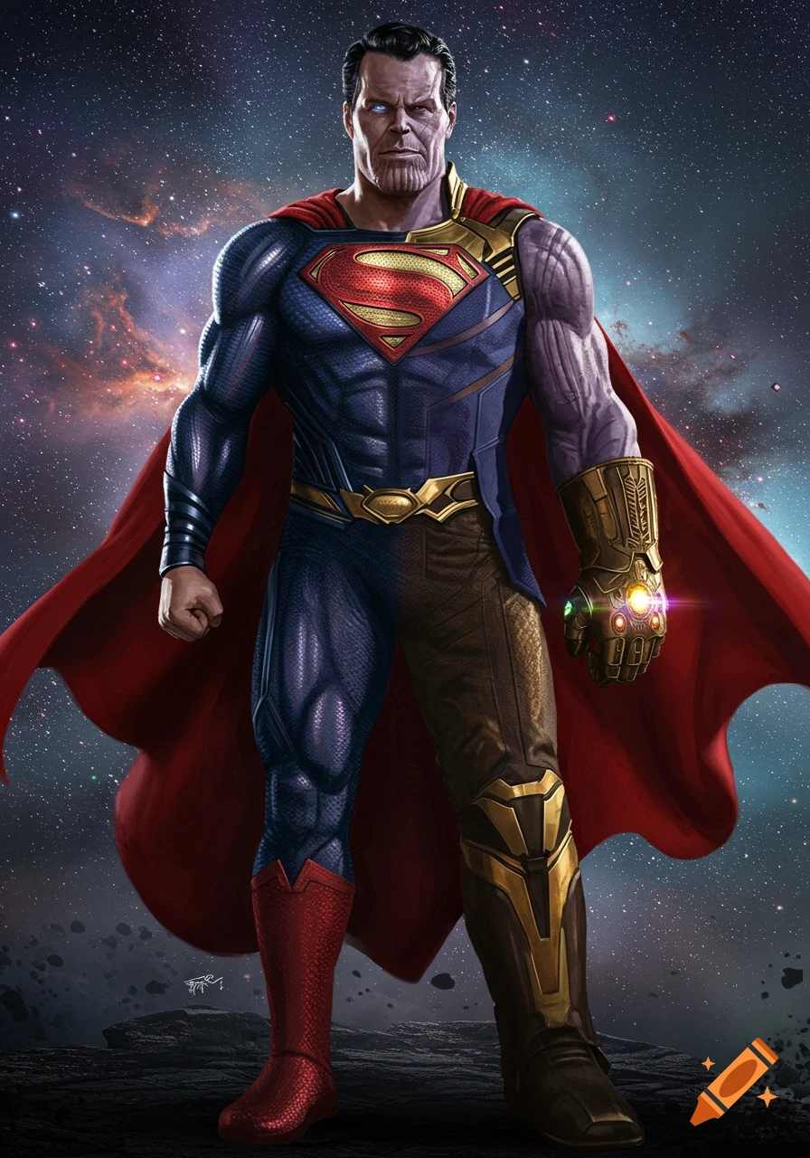 A powerful hybrid character, half Superman and half Thanos, stands confidently against a vibrant cosmic backdrop.