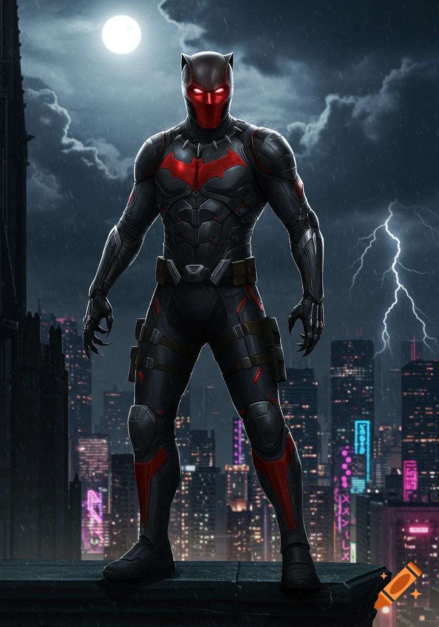 A superhero character, a fusion of Red Hood and Black Panther, stands on a rooftop overlooking a futuristic city at night. He wears a black armored suit with red glowing accents, a bat symbol on his chest, and a mask with pointed ears and glowing red eyes. Lightning strikes in the stormy sky behind him.