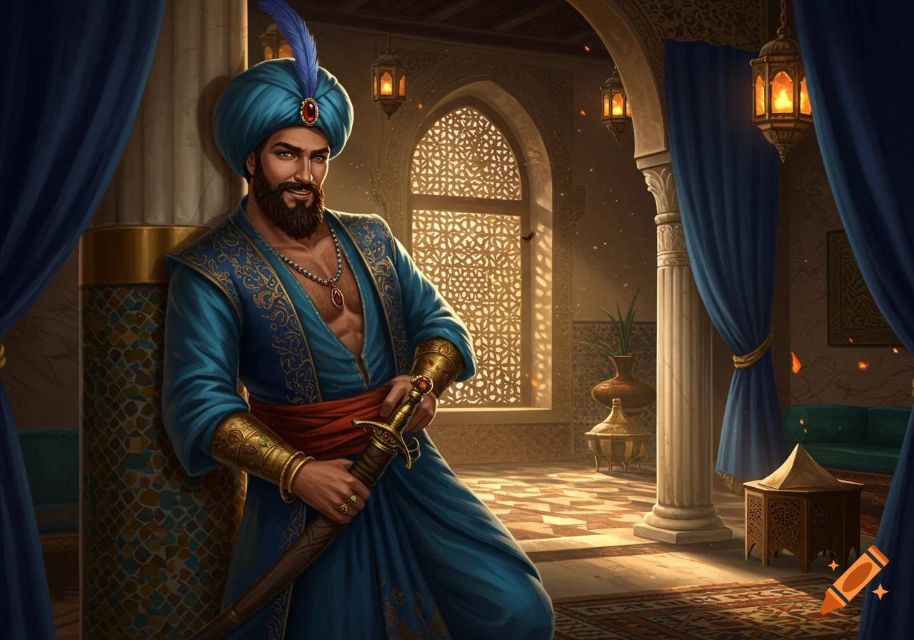 A rakish sultan in a blue robe holding a sword in an ornate, sunlit Arabian palace.