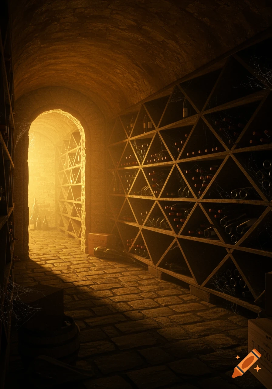 A dark, atmospheric wine cellar with rows of dusty bottles on triangular shelves. Golden light streams from an arched doorway at the end of the stone-paved tunnel, illuminating glistening cobwebs.