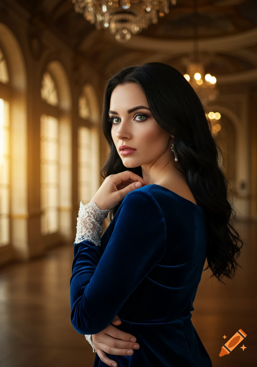 A woman in a blue velvet dress with lace cuffs looks over her shoulder in a grand hall with chandeliers and arched windows, photorealistic.