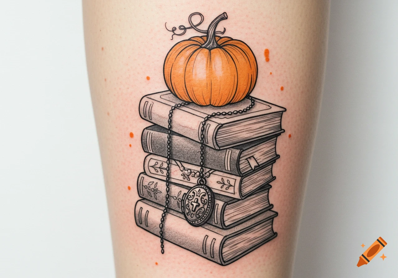 A delicate hand-drawn tattoo of a pumpkin on a stack of books with a locket draped across, on human skin.