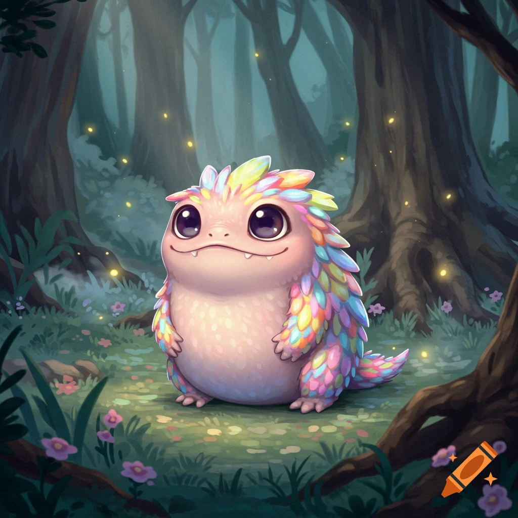 A small, pink, furry creature with colorful rainbow spikes and big eyes sits in a whimsical, glowing forest.
