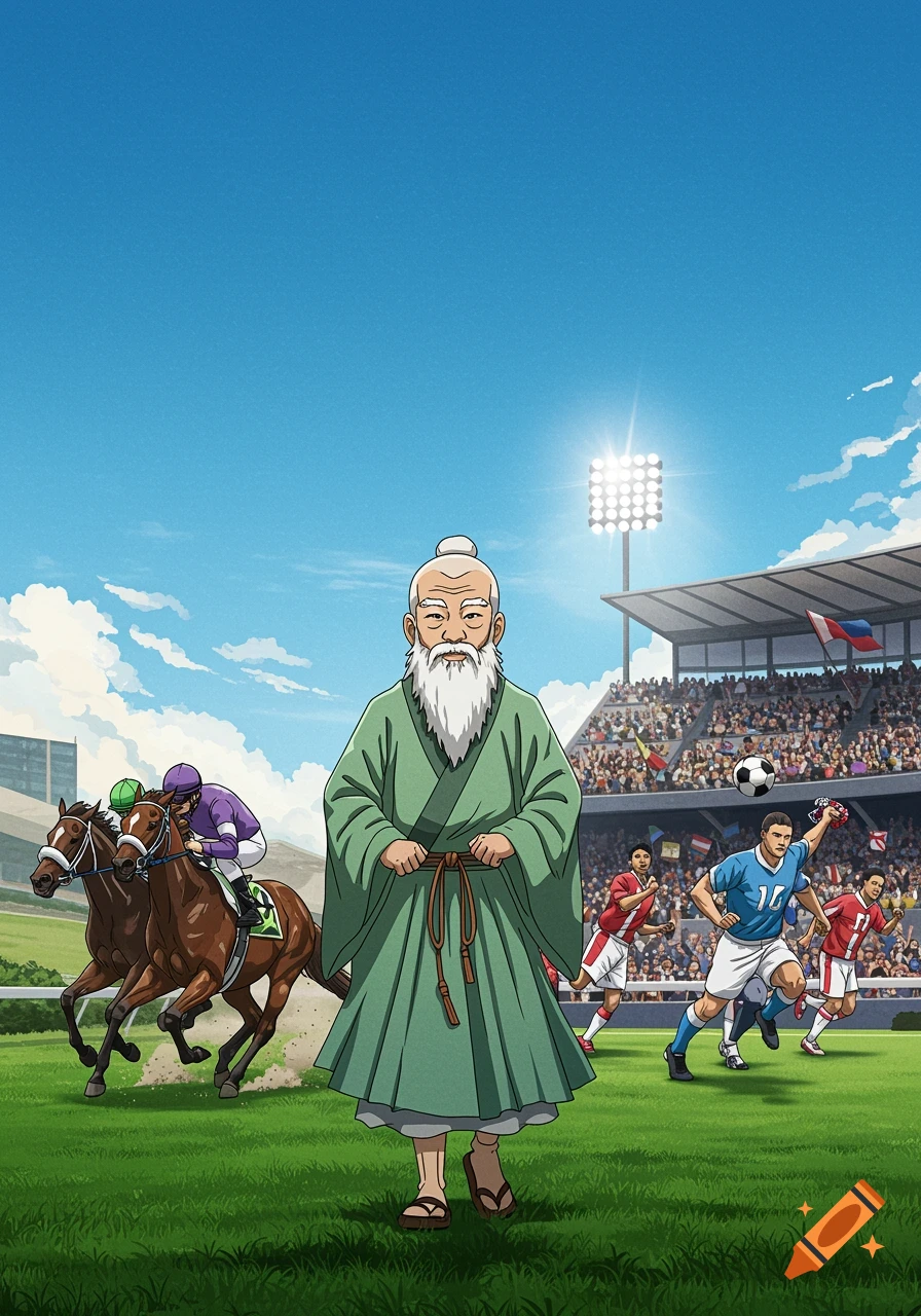 An old sensei stands on a field with a horse race on his left and a football match in a stadium on his right, in anime style.
