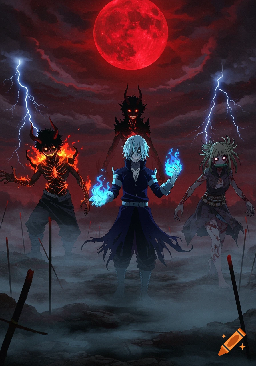 Three anime villains with demonic features stand under a blood-red moon with lightning, surrounded by mist and spears.