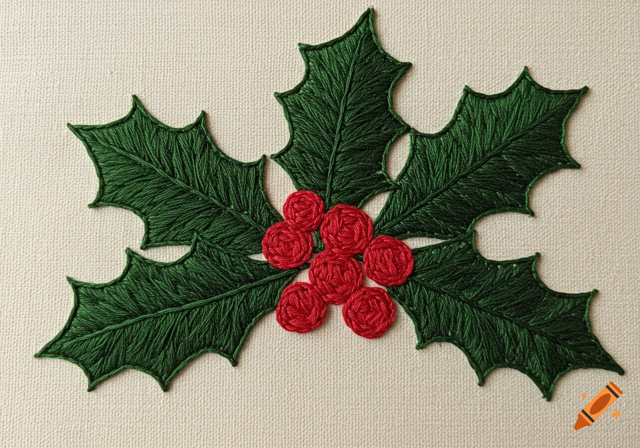 An embroidered holly plant with rich green leaves and vibrant red berries on a textured light beige fabric background.