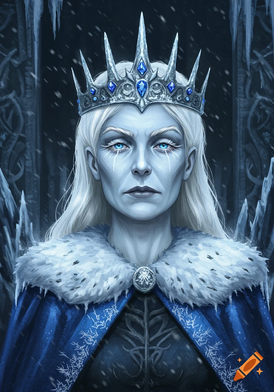 A stern, pale Ice Queen with blue eyes and white hair wears a spiky silver crown and a fur-collared blue cape, amidst falling snow.