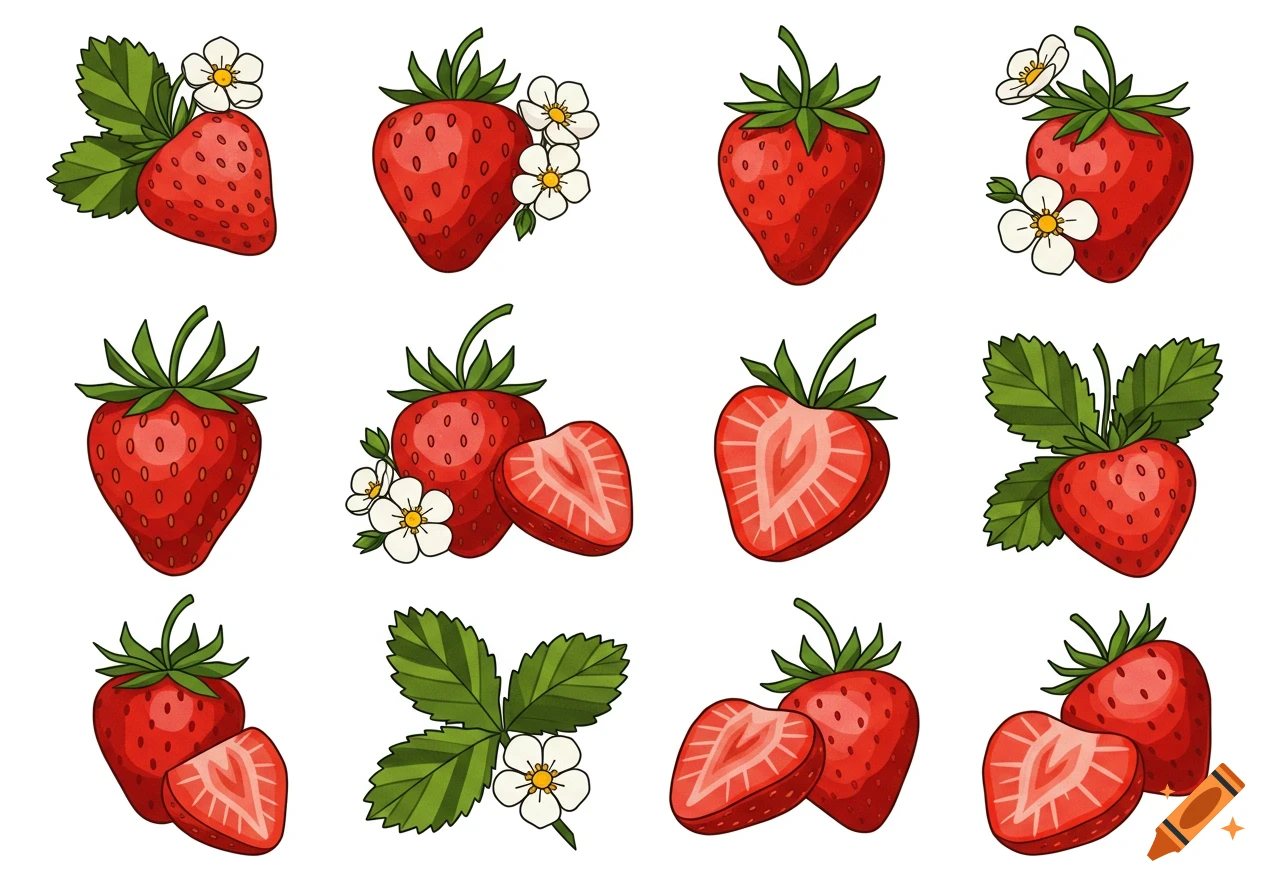 A grid of twelve cartoon-style illustrations featuring whole and half strawberries, green leaves, and white flowers on a white background.