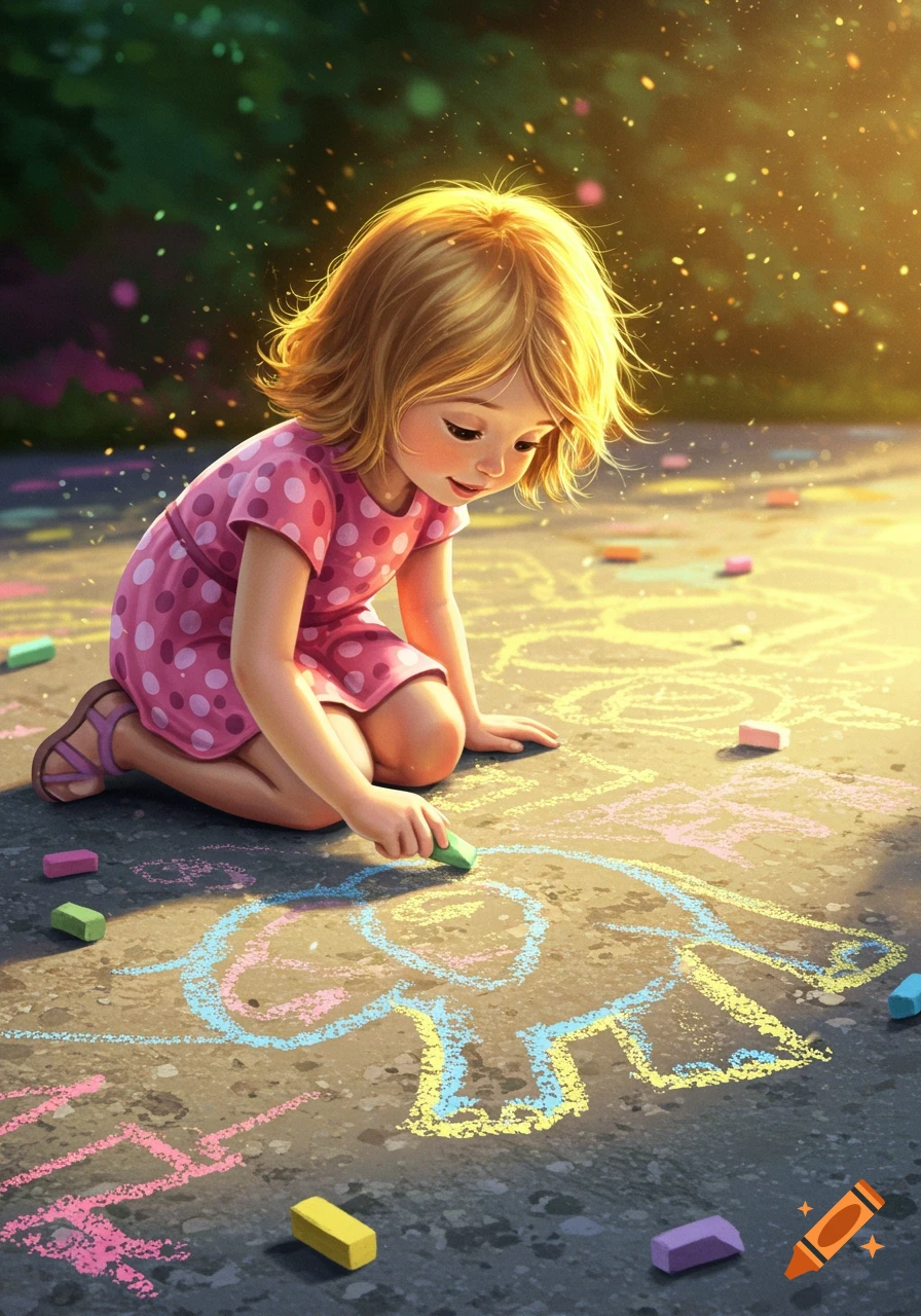 A cute little girl with blonde hair in a pink polka dot dress kneels outdoors, drawing a colorful chalk elephant on the pavement in warm sunlight.