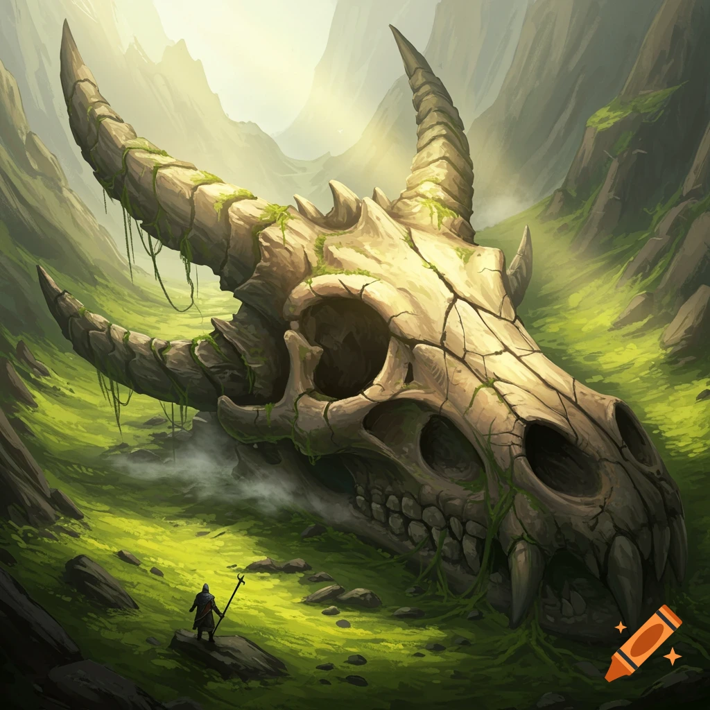 A colossal ancient dragon skull lies in a lush green valley, observed by a small cloaked figure.