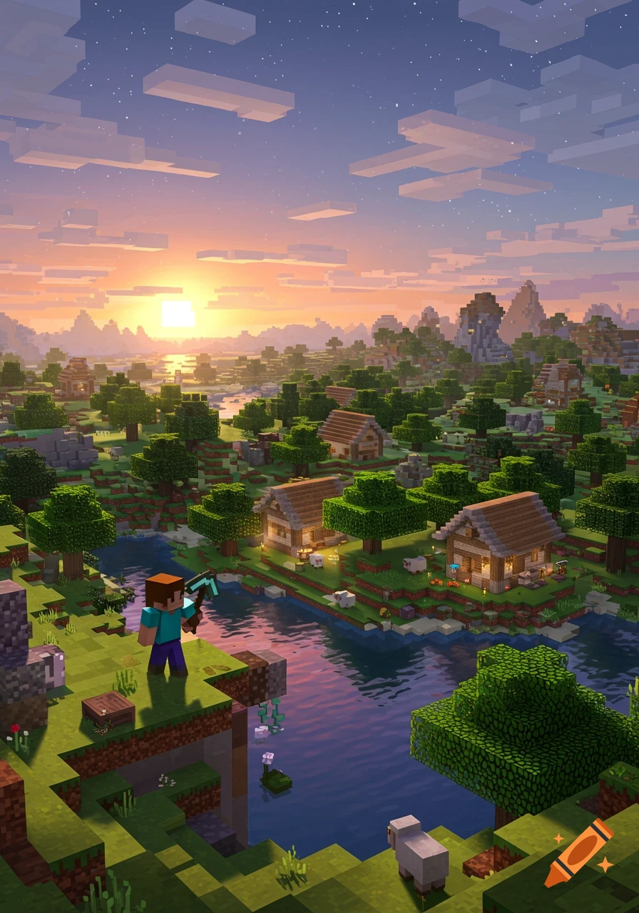 A pixelated landscape from Minecraft at sunset, featuring a character ...