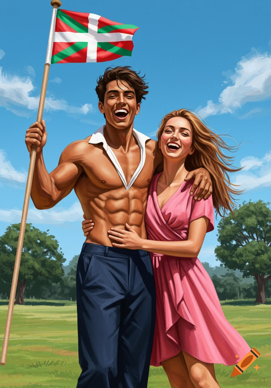 Digital painting of a laughing, shirtless man holding a Basque flag and embracing a smiling woman in a pink dress outdoors.