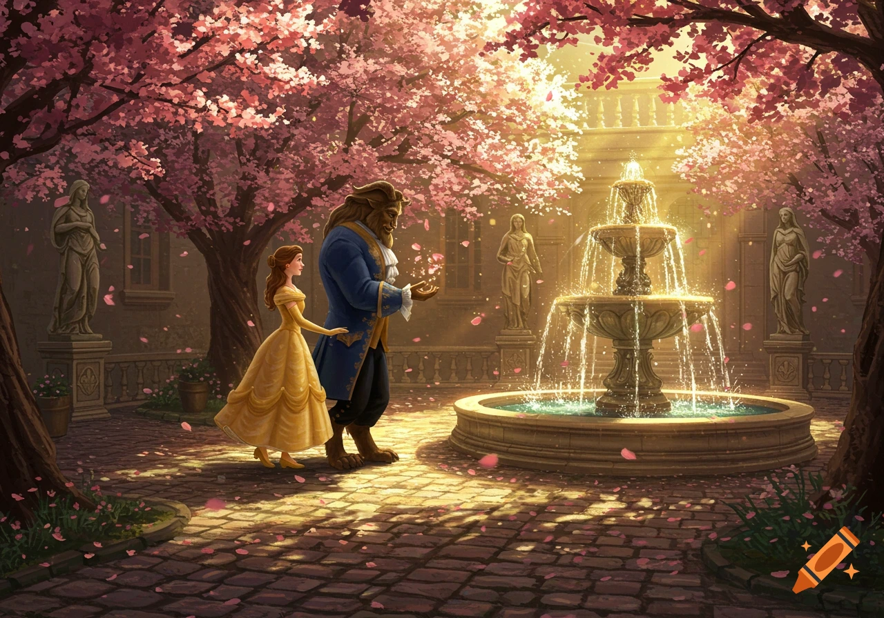 Belle in a yellow gown and Beast walk through an enchanted courtyard with a glittering fountain and falling pink cherry blossoms.