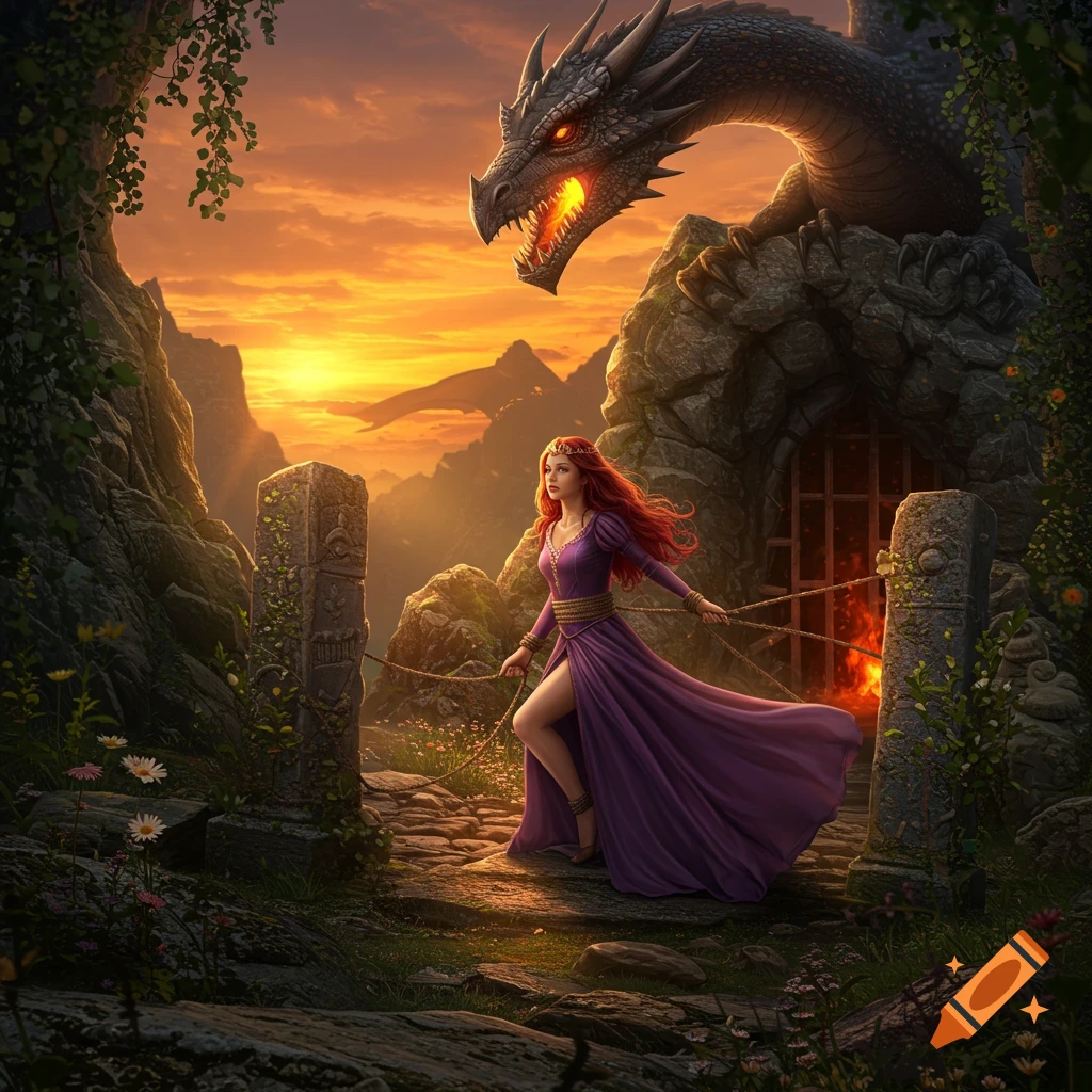 A princess in a purple gown holds ropes near a dragon's den at sunset, with a large dragon head above.