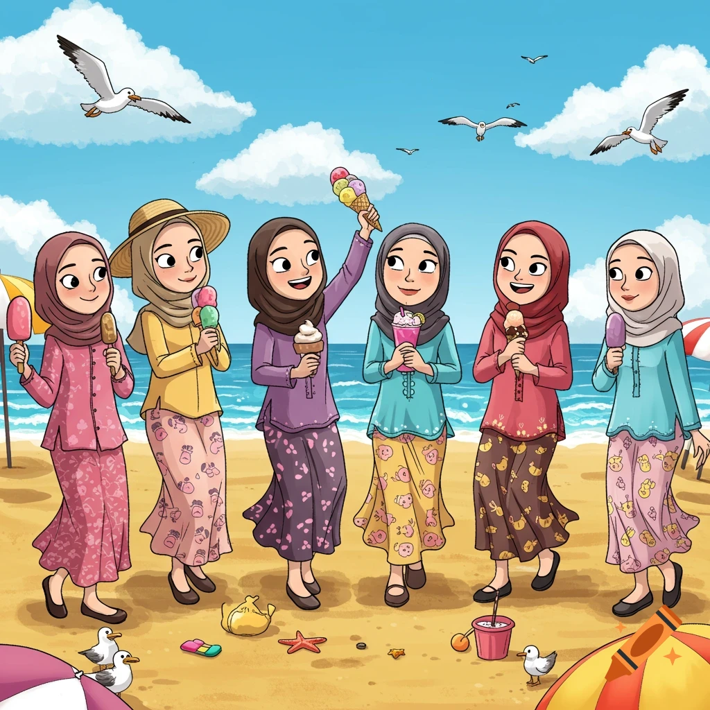 Six modestly dressed cartoon girls happily eating ice cream and popsicles on a sunny beach, with seagulls flying above.