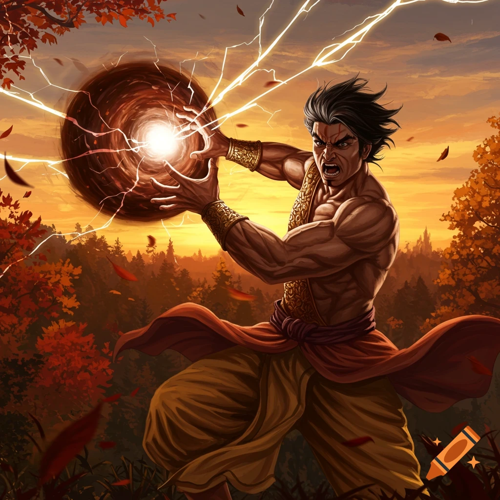A muscular man with dark hair and angry expression, wearing traditional attire, channels a swirling dark energy ball with lightning in an autumn forest at sunset.