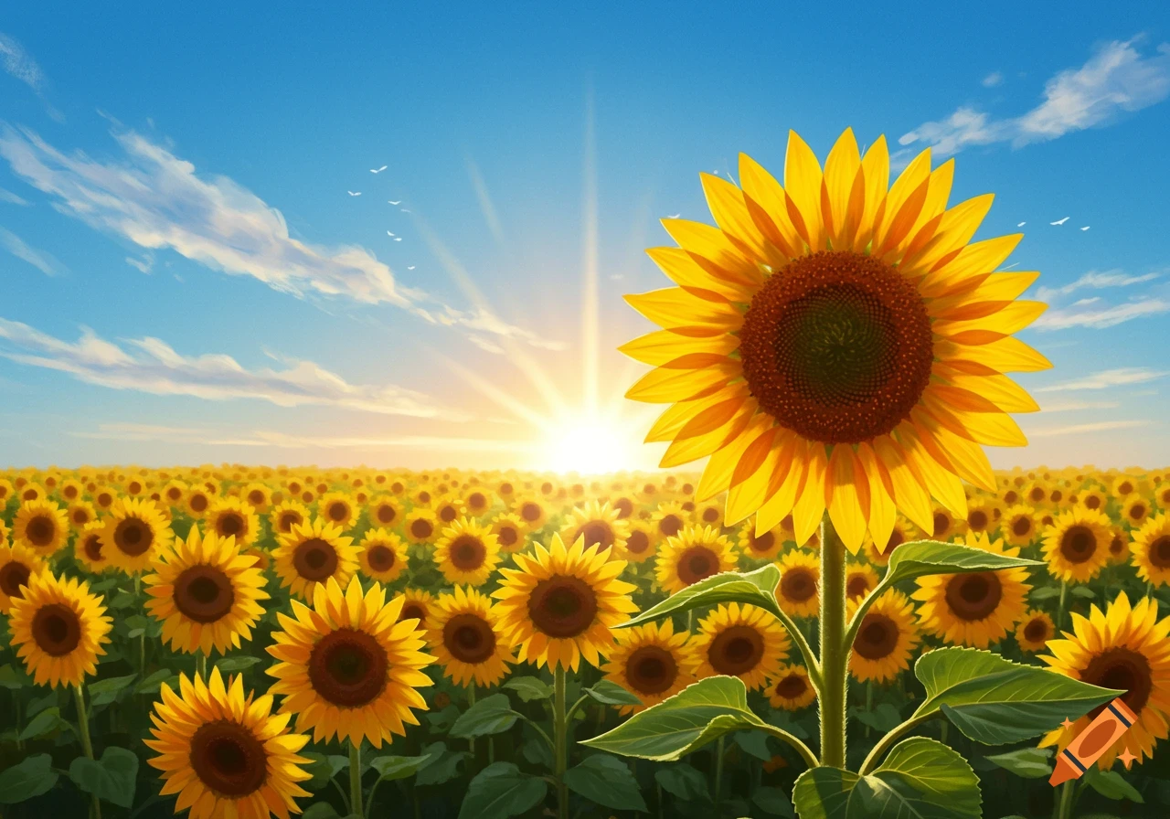 A photorealistic field of vibrant yellow sunflowers under a bright blue sky with the sun shining brightly.