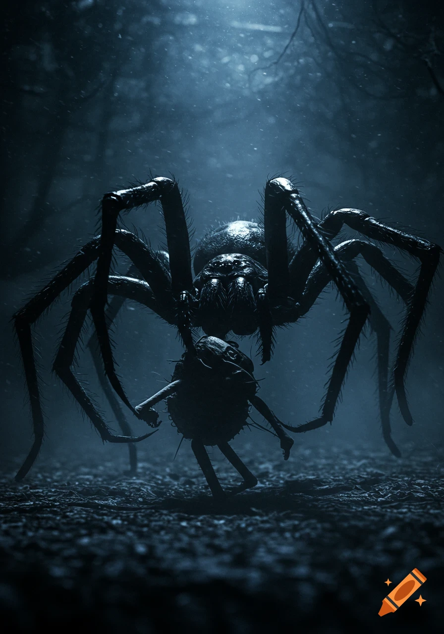 A giant, hairy spider holds a human-like figure in a dark, misty forest in a photorealistic style.