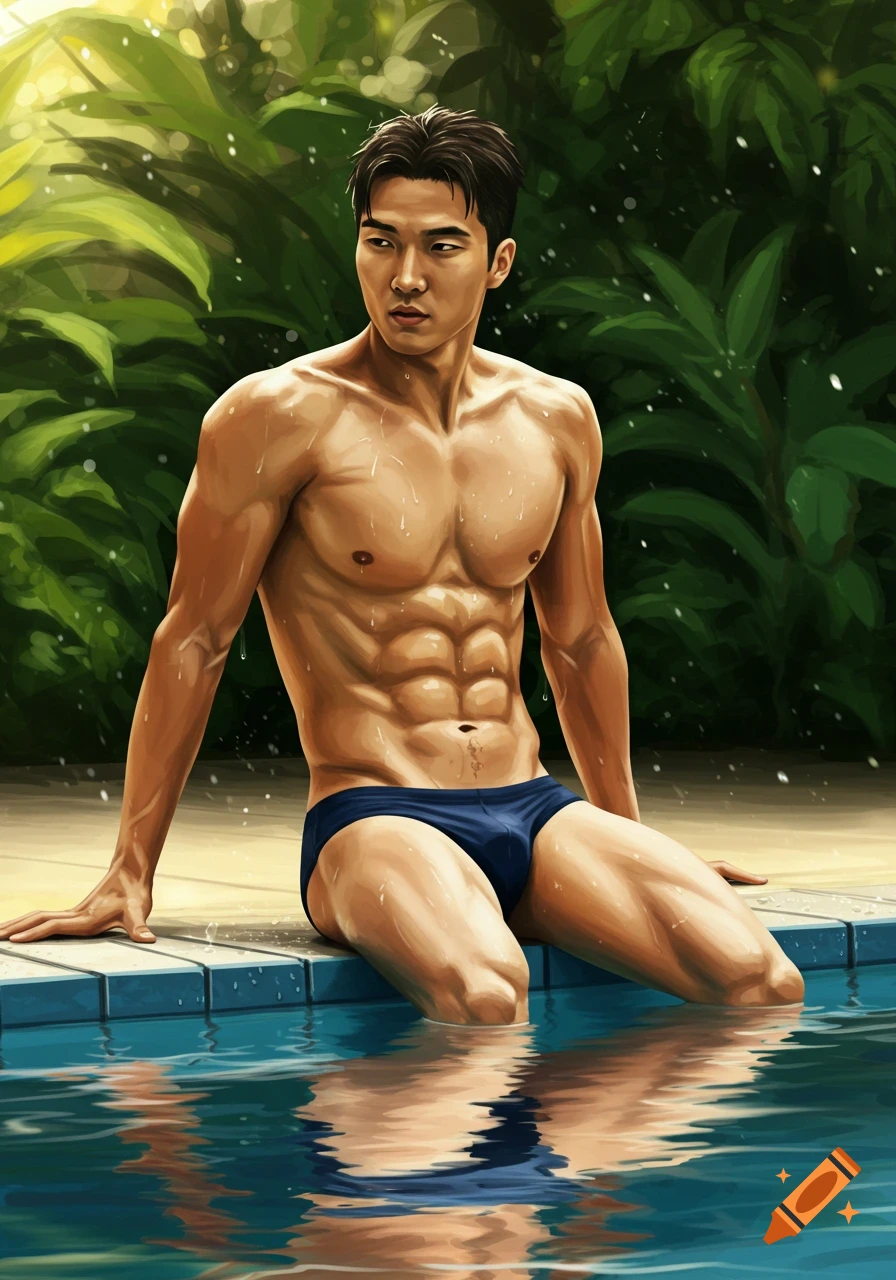 Digital painting of a muscular Asian male swimmer sitting by a pool with lush green foliage in the background.