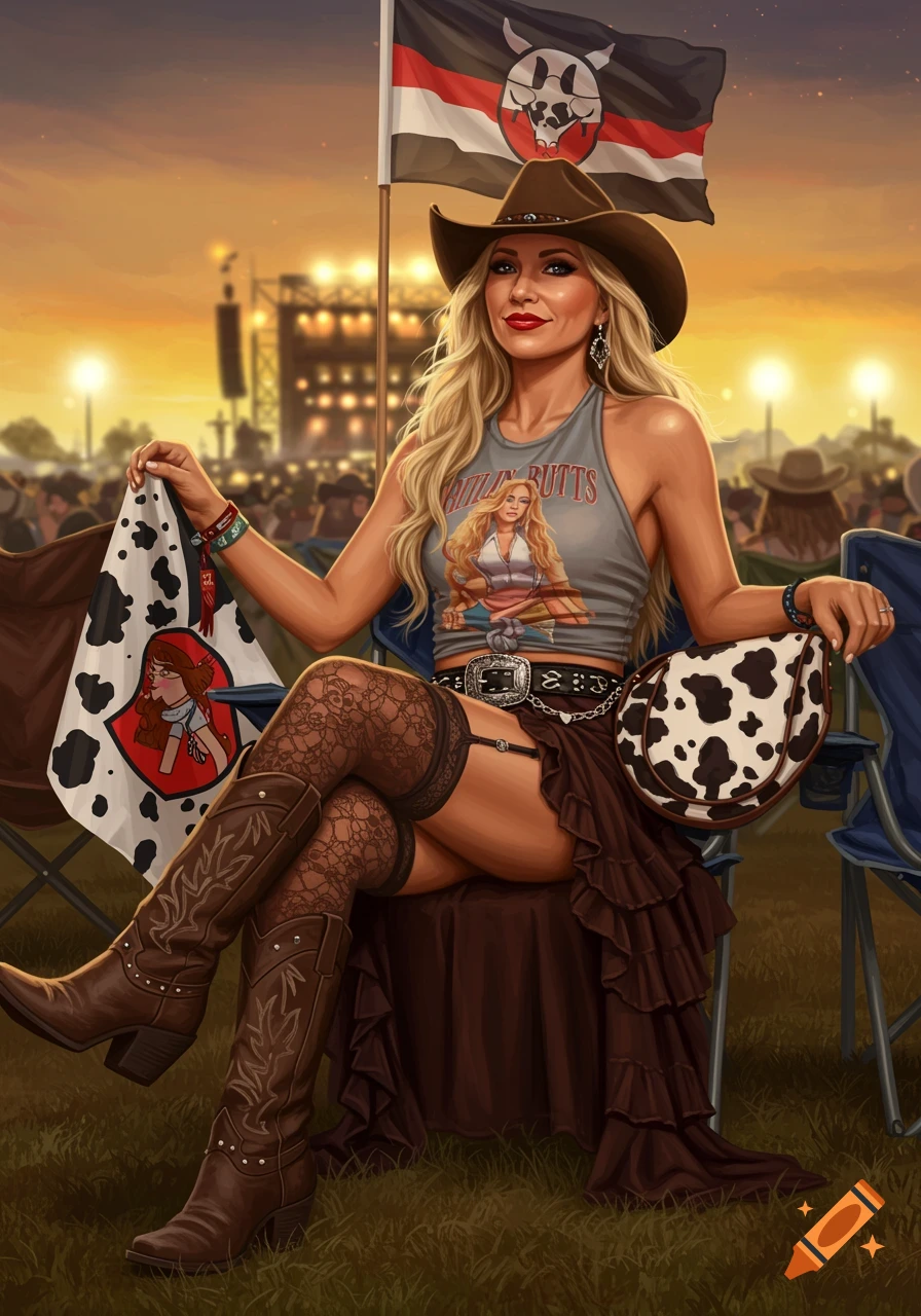 A blonde woman in a cowgirl hat, sleeveless shirt, and thigh-high stockings sits at a country music festival, holding a flag.