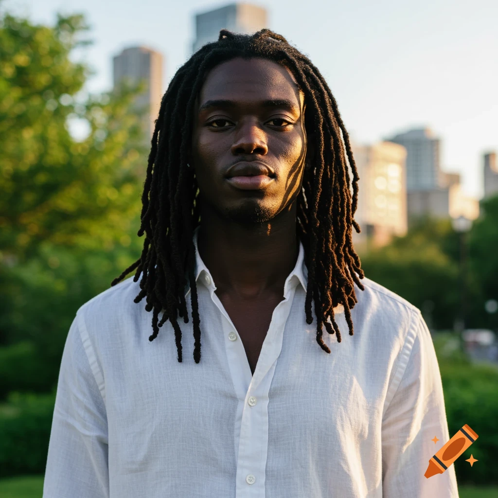 A close-up, natural light portrait of a Black man with dreadlocks wearing a white shirt, against a blurred city park background.