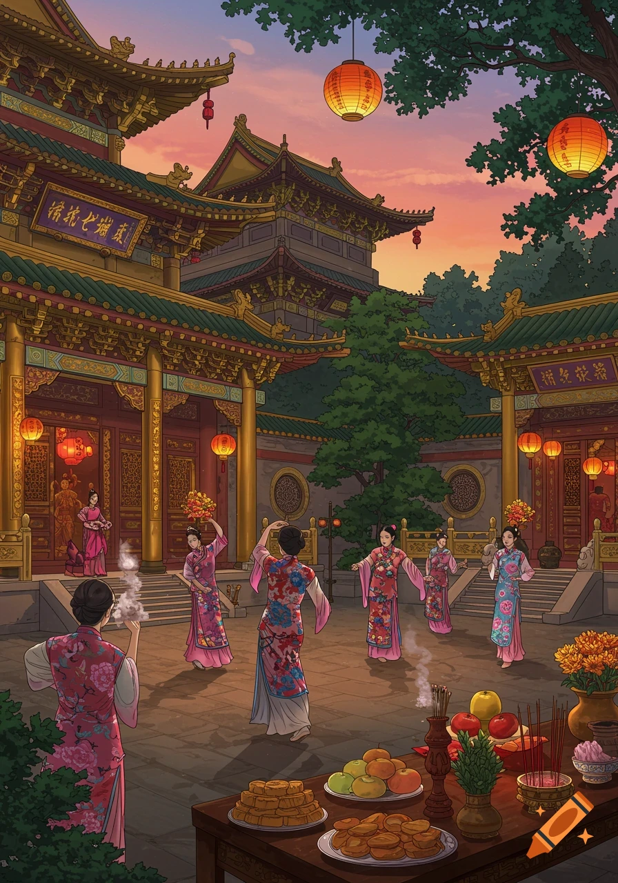 Illustrated scene of women in traditional attire performing a ritual in a Chinese temple courtyard at sunset, with lanterns and offerings.