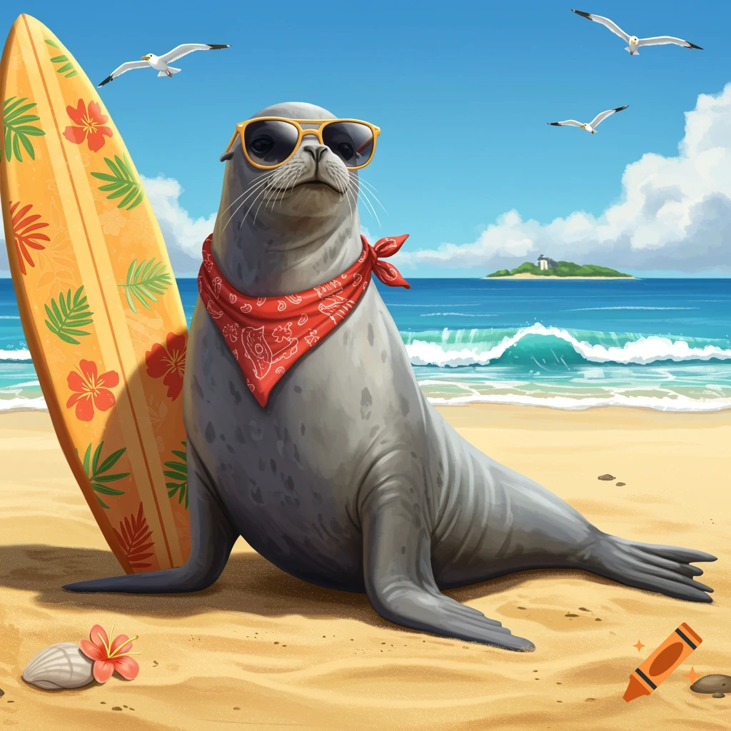 An illustrative gray seal wearing sunglasses and a red bandana sits on a sandy beach next to an orange surfboard, with the ocean and gulls in the background.