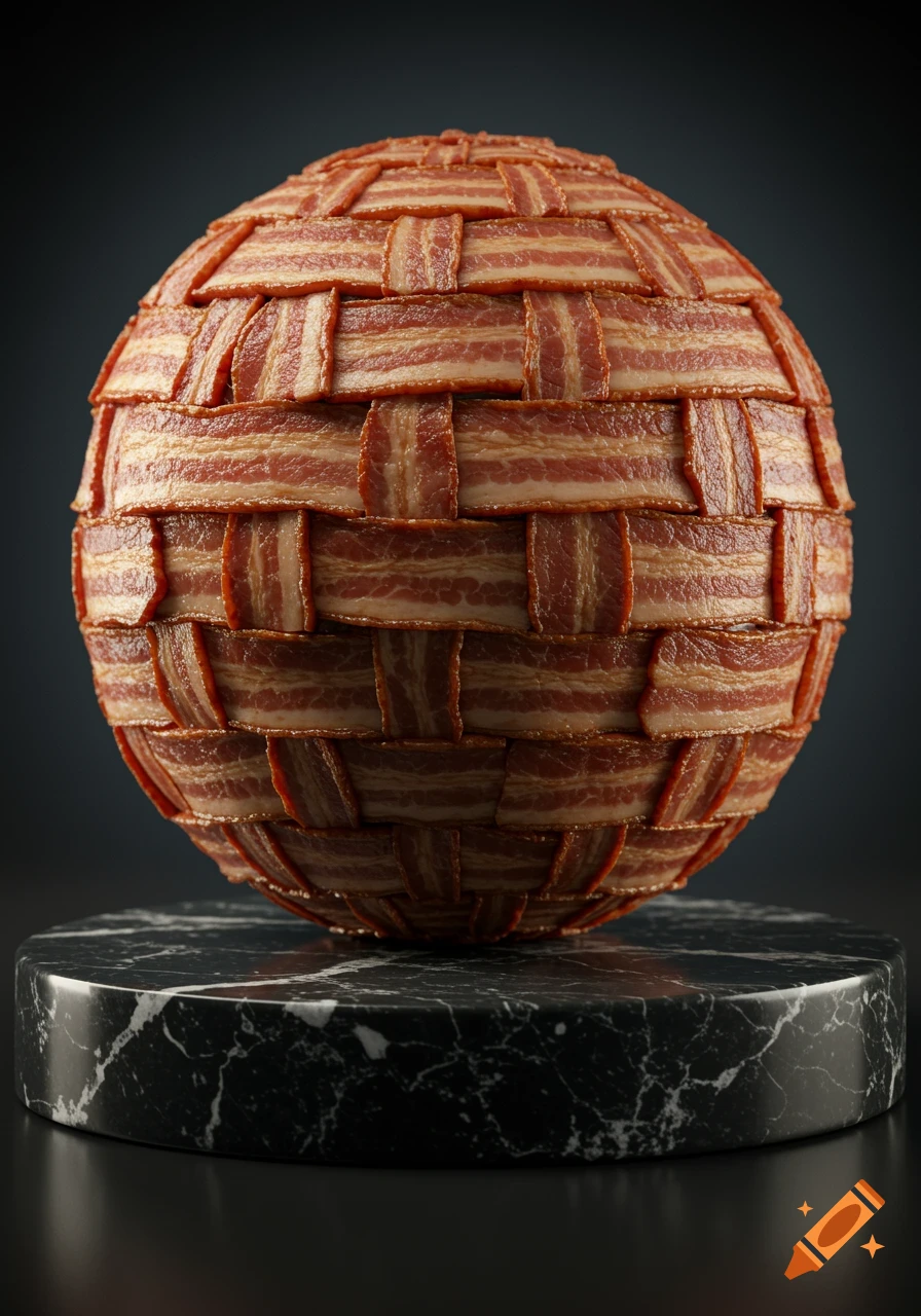 A photorealistic image of a spherical object intricately woven with strips of bacon, resting on a black marble pedestal.