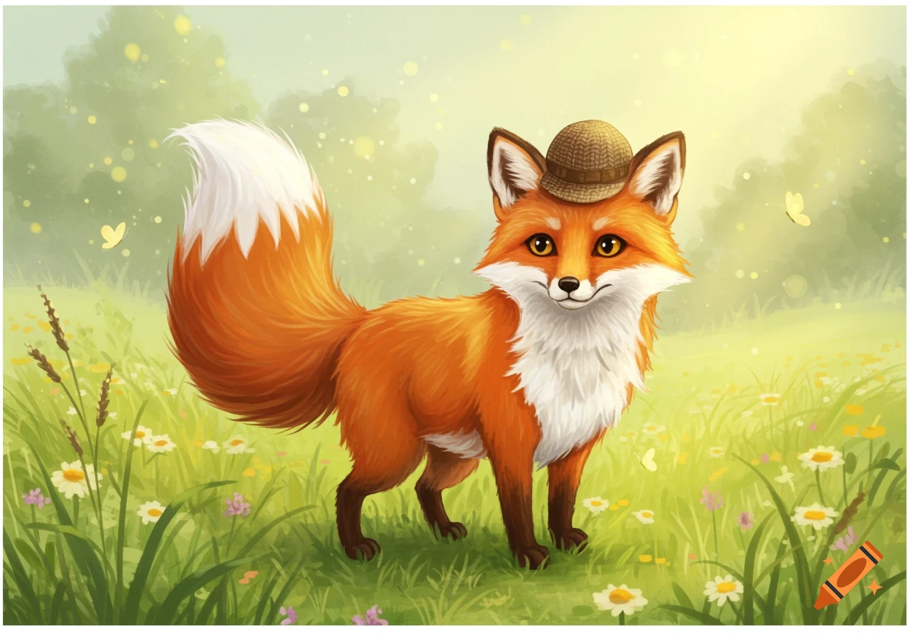 A cute cartoon-style orange fox wearing a small brown hat stands in a bright green meadow filled with white and purple flowers and yellow butterflies.