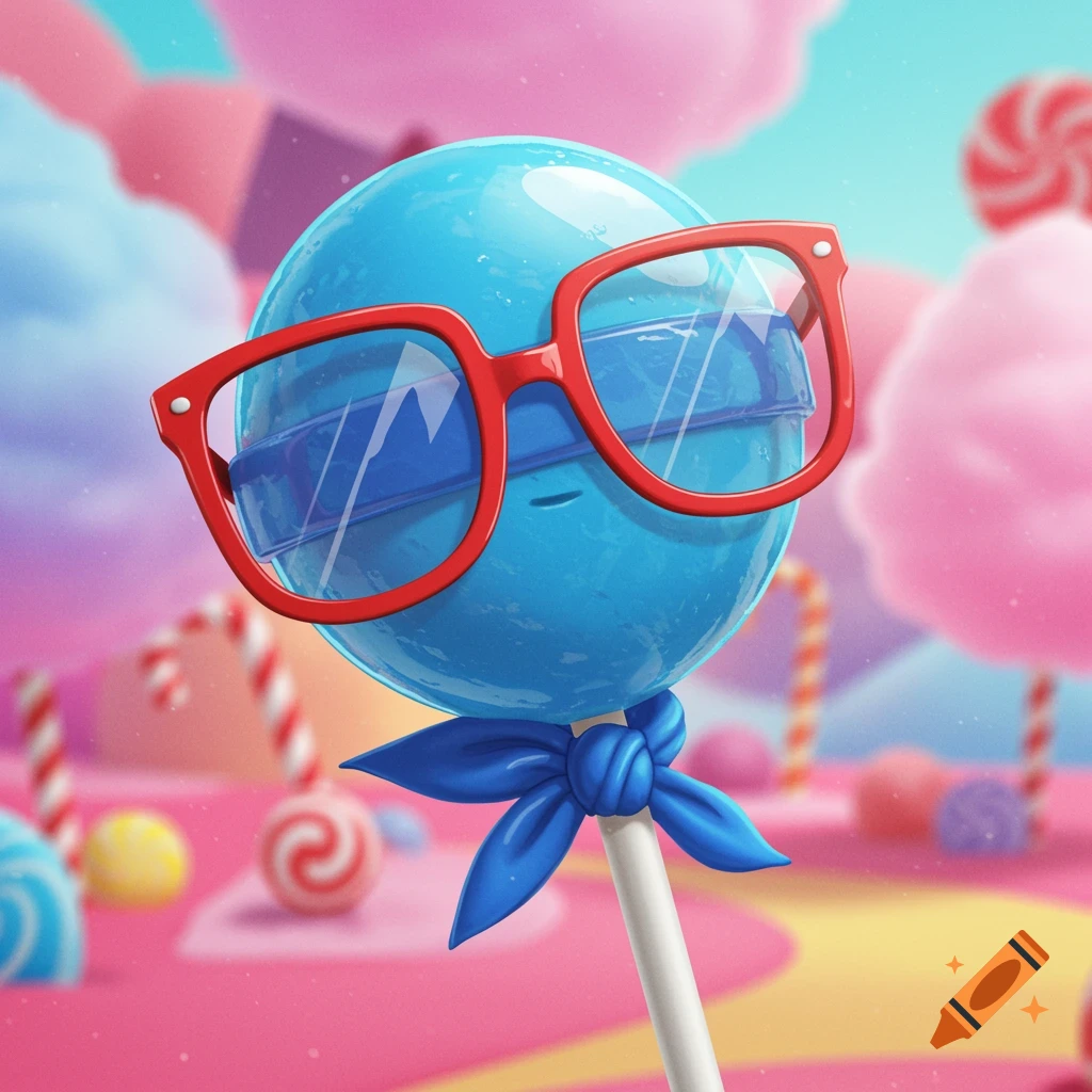 A cartoon blue lollipop with red glasses and a blue bow stands in a colorful candy land.