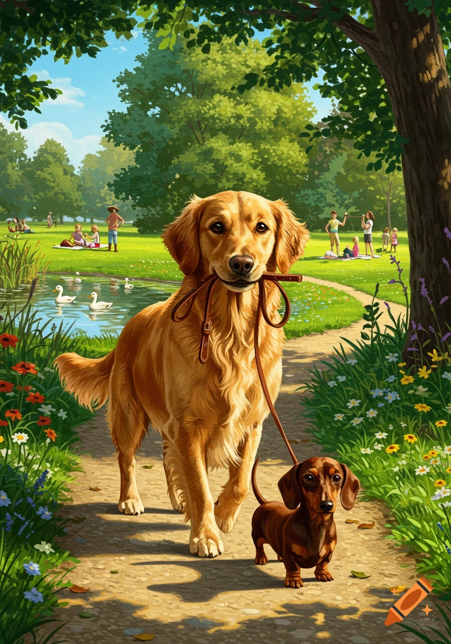 A Golden Retriever holding a leash in its mouth walks a Dachshund on a path through a sunny park with a pond and people in the background.