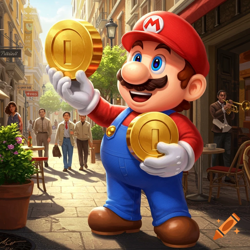 A smiling, large Mario in his classic red hat and blue overalls stands in a sunlit European-style street, holding two golden coins.